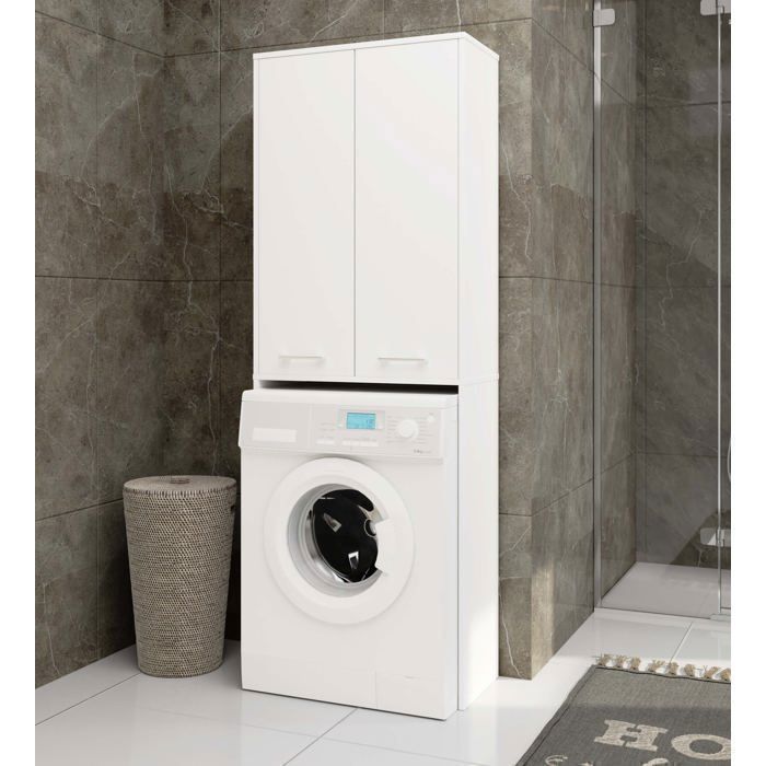 Meuble pour machine à laver AKORD FIN Blanche 64 cm 2 portes façade Blanche 4 étagères 64x30x180 cm