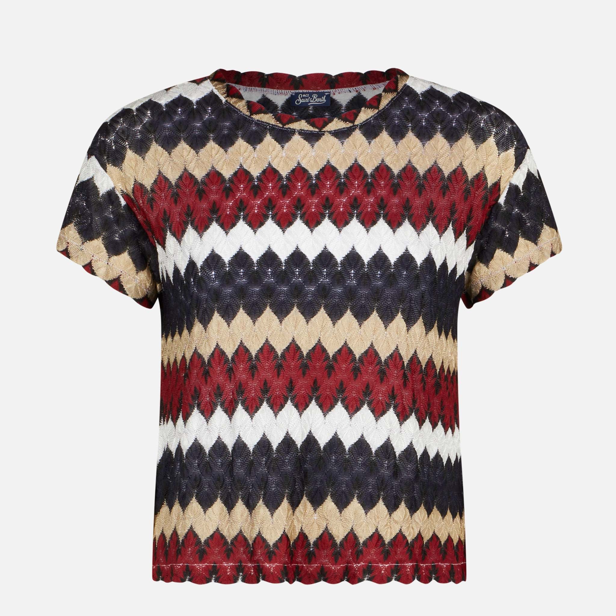Bordeauxrode gebreide top met chevronprint