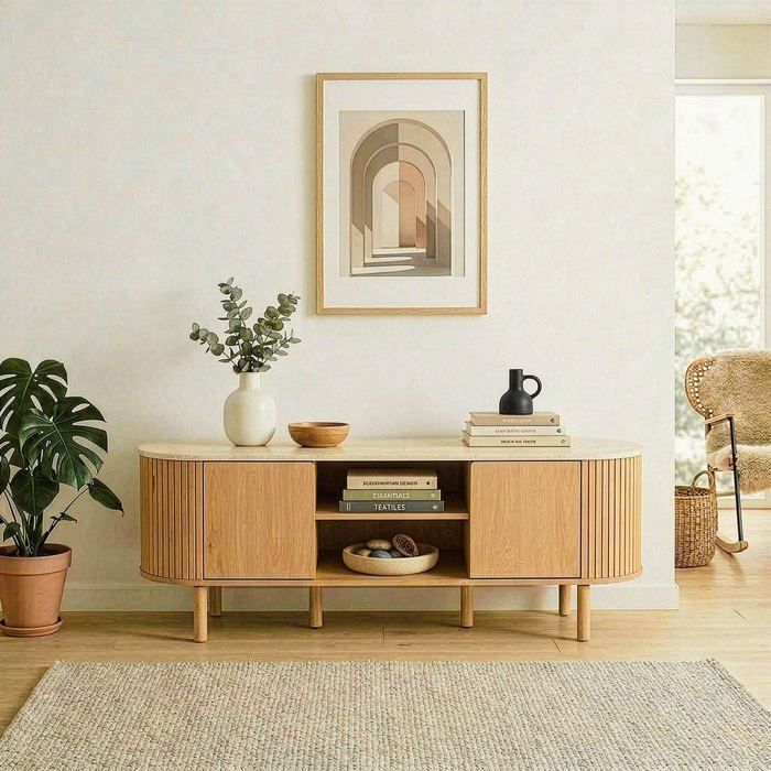 CALICOSY - Mobile porta TV a 2 ante con piano effetto travertino, larghezza 140 cm - HELIOS - Legno chiaro