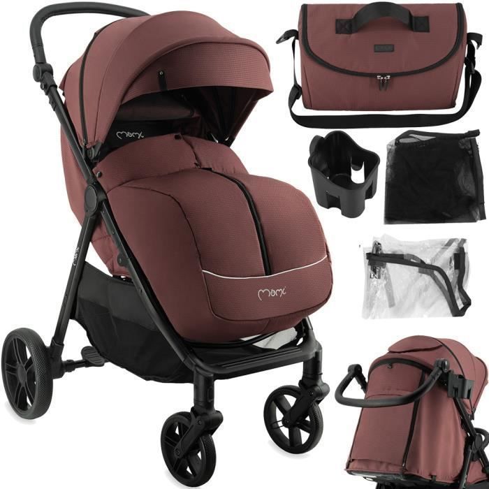 MoMi CLARA - Stroller 0m+ up to 22 kg - Rotating bar - Adjustable handle - Accessories included: bag, rain cover - Burgundy