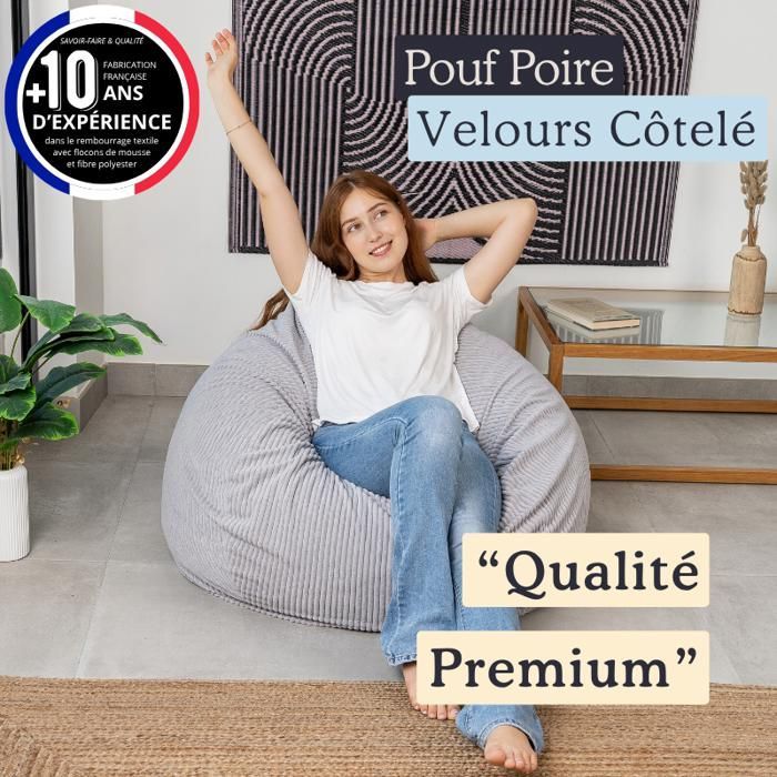 Puf removível em veludo cotelê - 105x85 cm - Bananair - Cinza claro - Fabricado na França