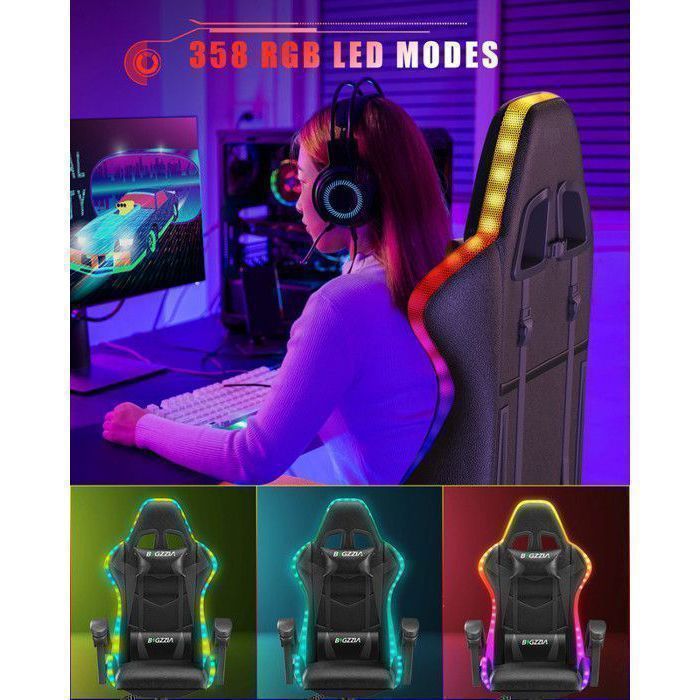 Sedia da gaming con effetti luminosi a LED, poltrona con supporto lombare e poggiatesta, schienale regolabile in altezza, nera