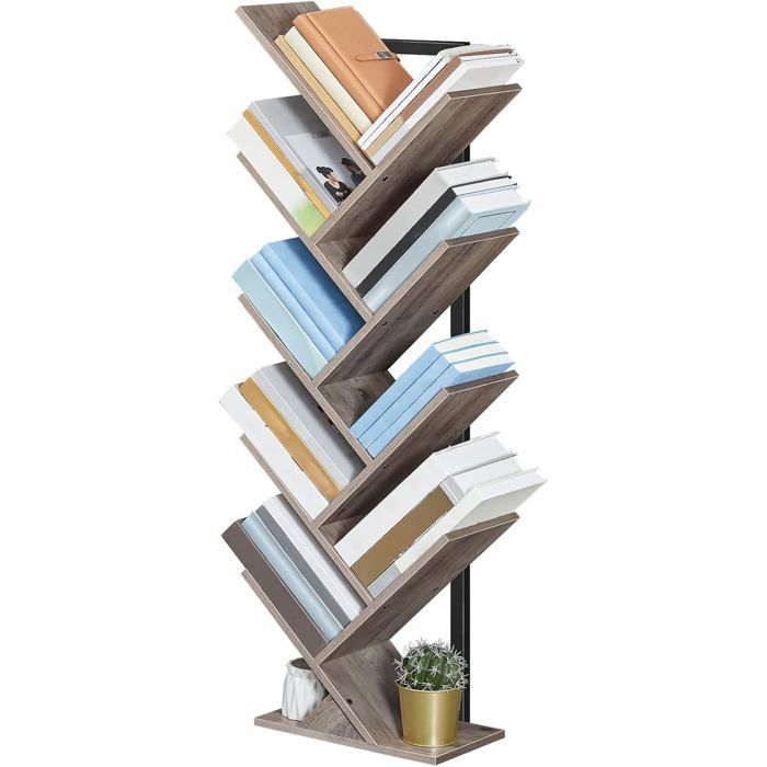 HOOBRO 9-laags boekenplank op poten, boomvormige plank, opbergmeubel voor woonkamer, kantoor, decoratief, grijsbeige