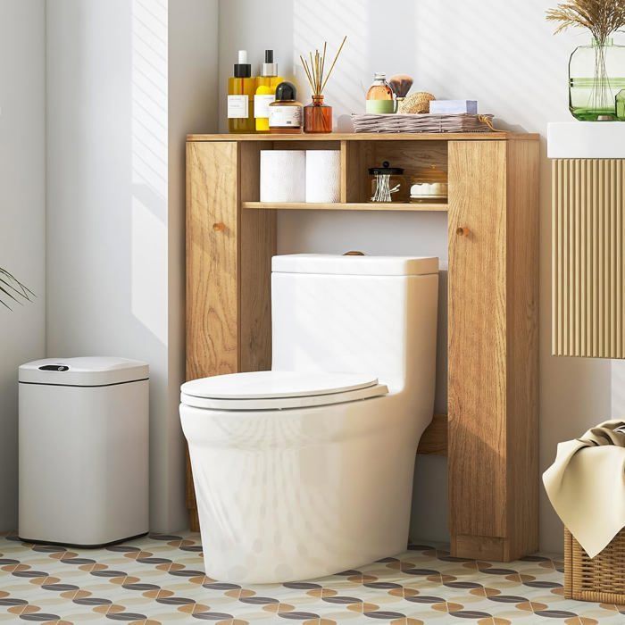 COSTWAY Meuble WC Au-dessus de Toilettes, 2 Compartiments, 2 Placard, 4 Étagères Réglables, Anti-basculement, 18x87,5x98 cm, Nature