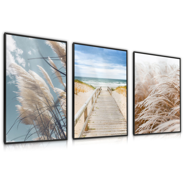 ZESTAW 3x Plakat w Ramie TRAWA Morze Plaża Pomost 30x40cm