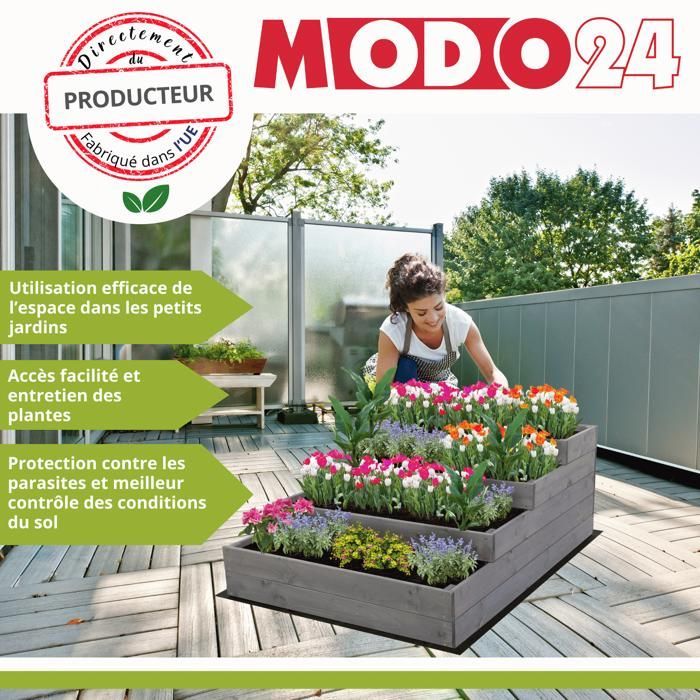 MODO24 Carré potager surélevé en bois, 4 niveaux en cascade, 54x117x120 cm, jardin/terrasse, kit jardinier inclus, brun imprégné