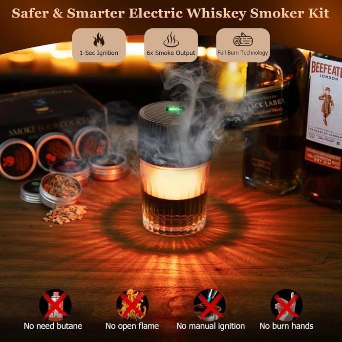 Kit defumador elétrico para uísque com 4 modos de iluminação, 6 lascas de madeira, sem butano, para homens, pais e maridos.