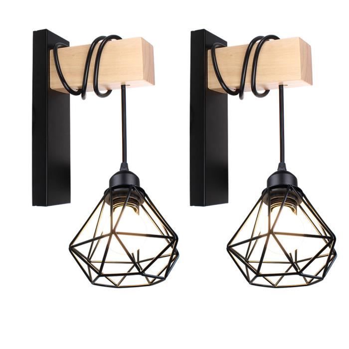 Applique Murale Intérieur Industrielle Vintage Loft COUNT, 2pcs Rétro Applique Cage en Métal Noir et Bois Pour Salon Bar Café