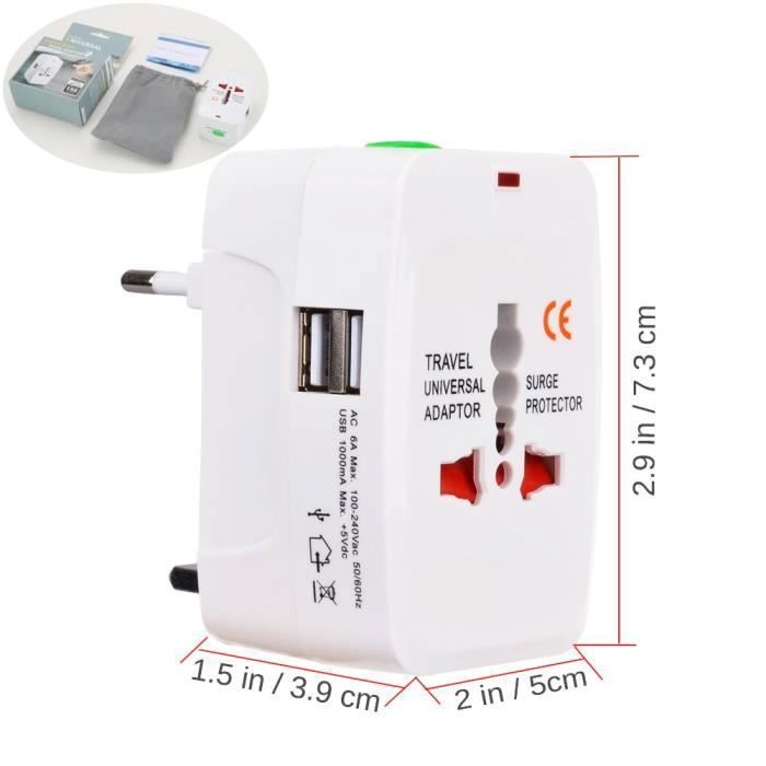 Adaptador de viaje - ZISONIX - Universal - 2 puertos USB - Compatible con 150 países - EE. UU./UE/Reino Unido/Australia