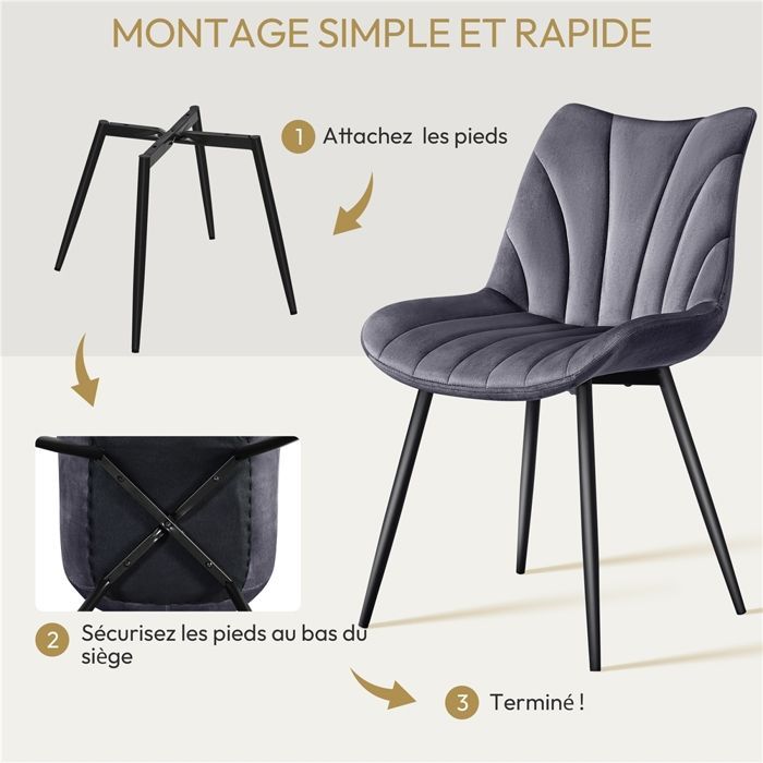 Yaheetech Lot de 4 Chaises de Salle à Manger avec Dossier Chaise de Cuisine Rétro Assise en Velours et Pieds en Métal Gris Foncé
