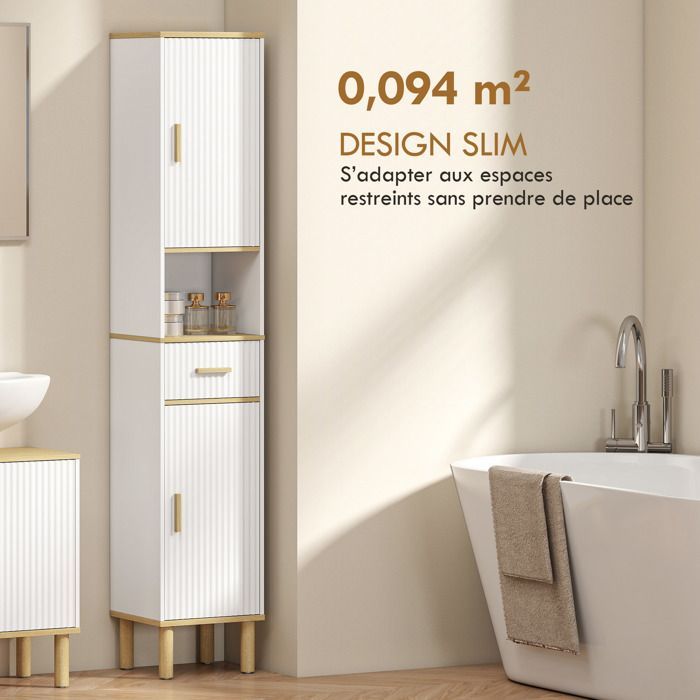 Mueble columna para baño - HOMCOM - 2 puertas, cajón, compartimento abierto y estante ajustable - madera - 31,5 x 29,7 x 171,5 cm - blanco