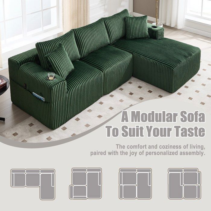 Sofá esquinero modular reversible de 3 plazas, sofá seccional para sala de estar con almacenamiento y portavasos, color esmeralda (no requiere montaje).
