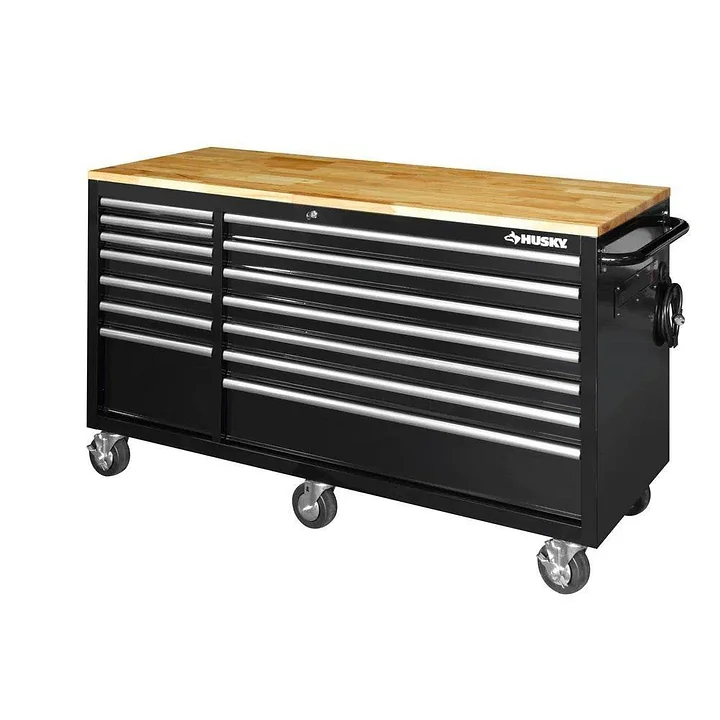 62-inch verrijdbare werkbank met 14 laden, massief houten blad, zwart