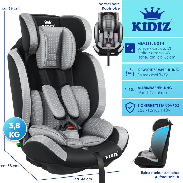 KIDIZ® Autostoel voor kinderen en baby's 9-36 kg Groep 1+2+3 5-punts veiligheidsgordel Verstelbare hoofdsteun ECE R129/03 Grijs