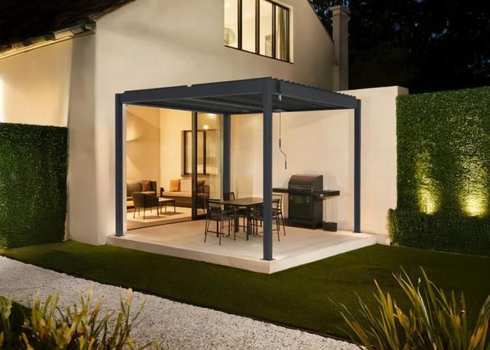 Pergola bioclimatique autoportante PIANA Cazeboo aluminium 3x3 m gris anthracite lames orientables acier