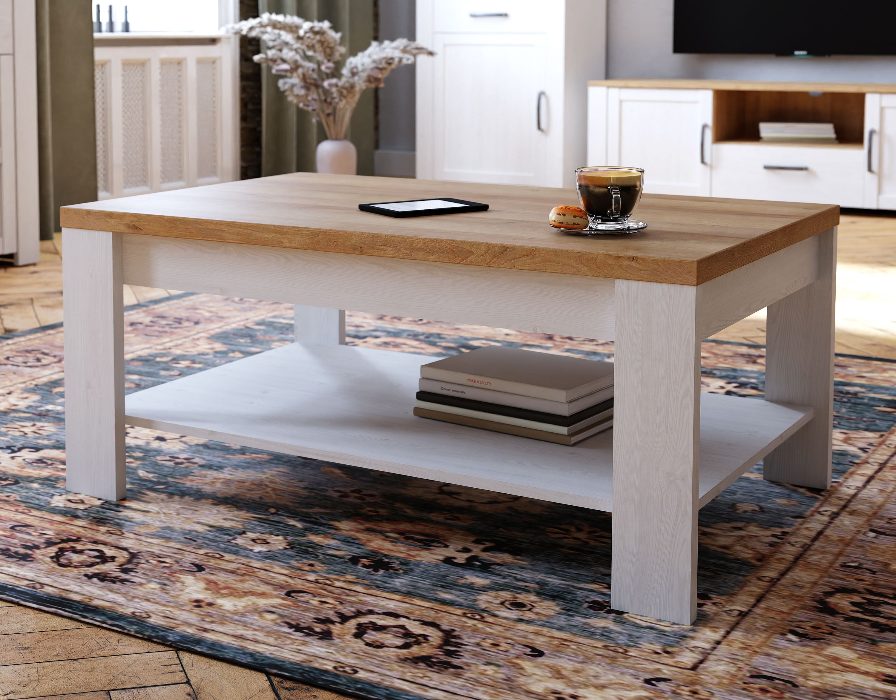 Tavolino rettangolare BOHOL – Rovere bianco e beige – Doppio piano – L 100 × P 60 × H 45,7 cm