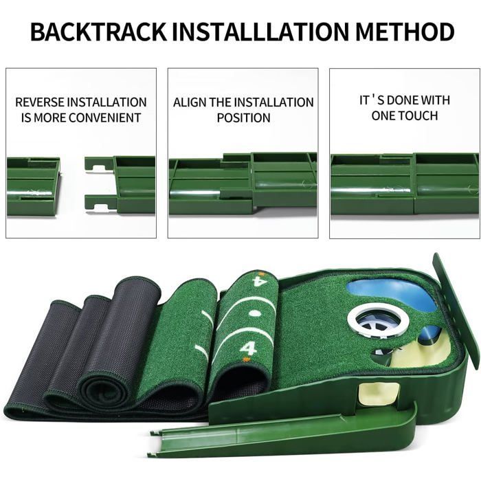 Tapete de golf verde para interiores con retorno de pelota y 3 hoyos - Equipo de entrenamiento para el hogar o la oficina - Accesorios