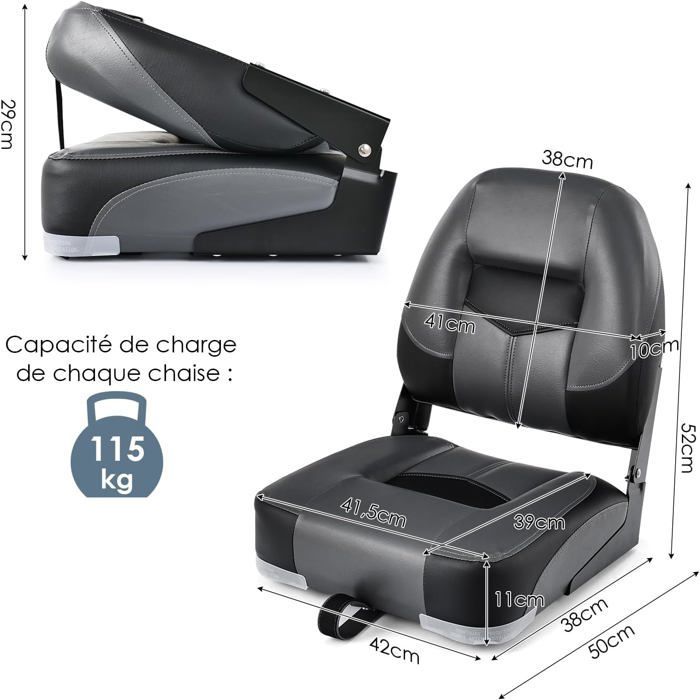 COSTWAY 2-Piece Folding Boat Seat with Backrest, Long Fixing Strap, Stainless Steel Screws, Thick Foam, Black