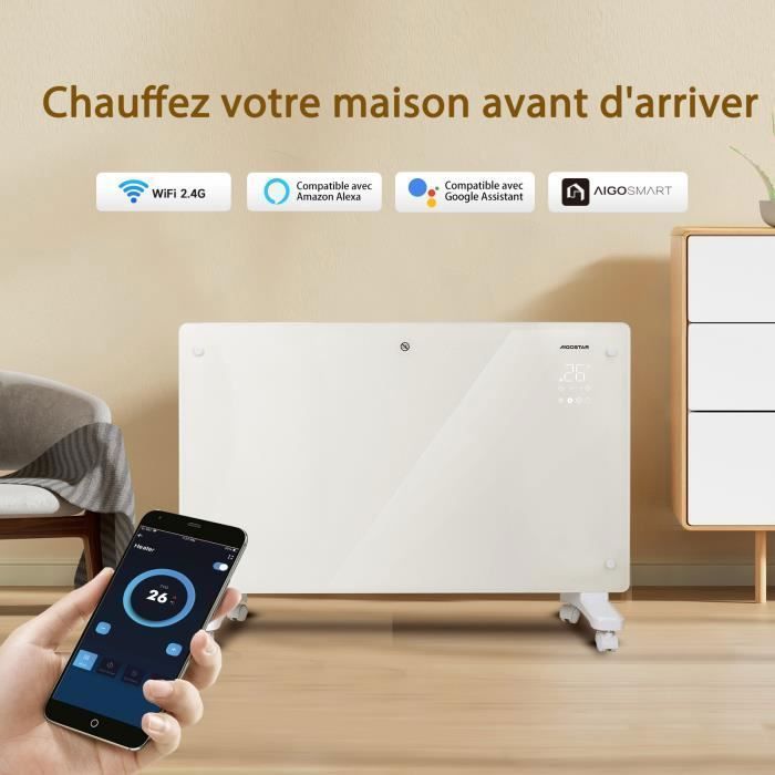 2000W Radiateur Electrique à Panneau de verre ultra fin,  Connexion WiFi, Alexa, Minuterie 24h, 3 Modes, Écran Tactile LED