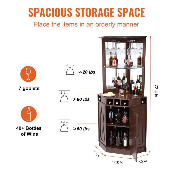 VEVOR Industrial Corner Cabinet with Door - Large Freestanding Wine Rack with Glass Holder - Living Room, Cafe, Brown