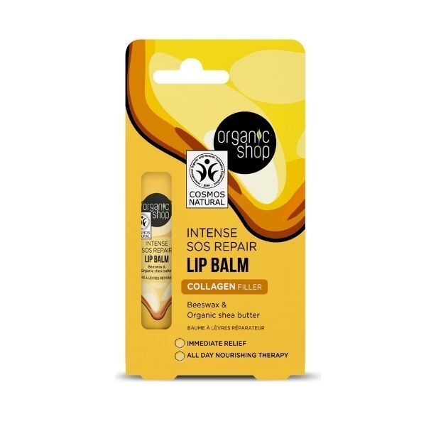 Bálsamo labial reparador SOS de Organic Shop con cera de abeja y manteca de karité, 10 ml.