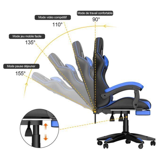 Gaming bureaustoel met ergonomische voetensteun, 90° draaifunctie, lendensteun en hoofdsteun, in hoogte verstelbaar
