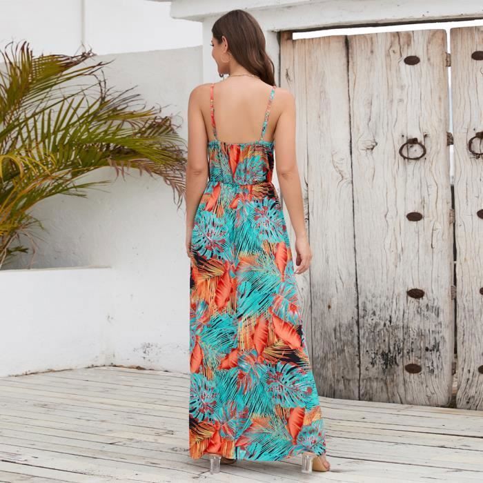 Robe Femme Boheme Bretelles Longue Col V Robe Imprimé Ete de Plage Sans Manches Confortable - Orange