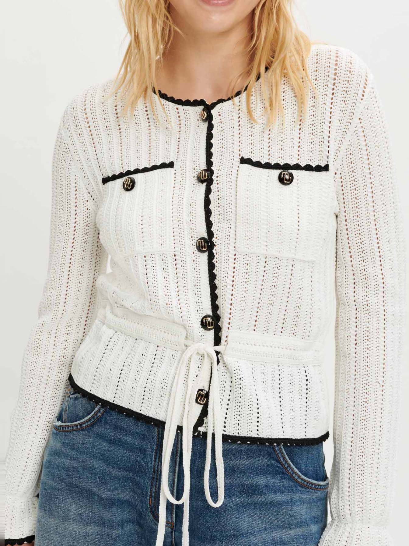 Contrasterend opengebreid vest - Wit