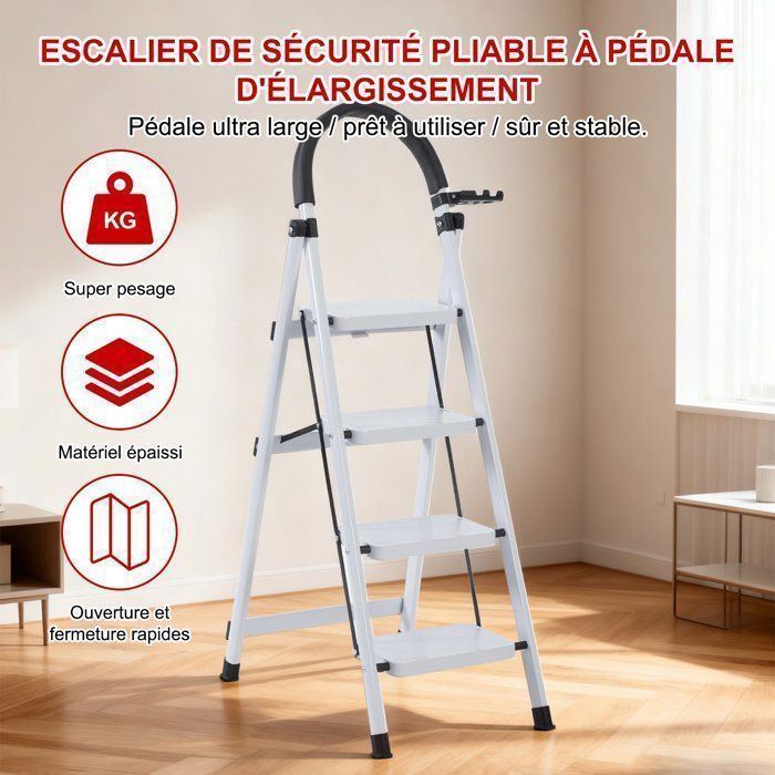 Seven Comfort-Escabeau 4 marches(Seul)-Pliant-Stabilité et sécurité optimales-chargé 150KG-En Acier-Blanc