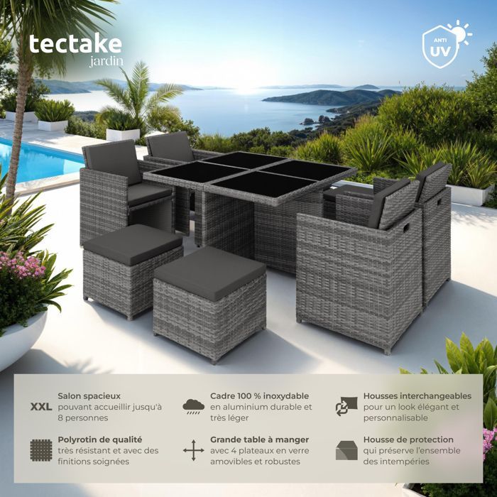 Muebles de jardín - TECTAKE - MANHATTAN - Conjunto de comedor exterior para 8 personas, plegable y apilable, resistente - Gris