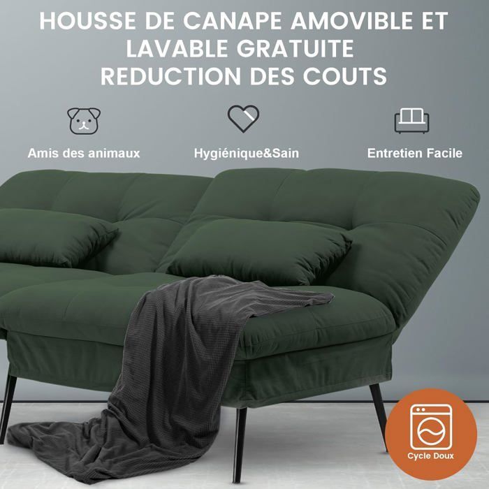 Canapé Convertible en Peluche, canape 3 Places, Style Moderne,Pieds en métal 174 * 51 * 72cm, Vert