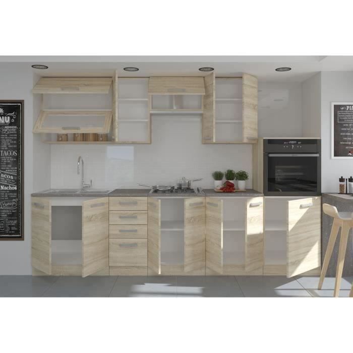 Cocina completa LASSEN L 300 cm con horno y campana extractora de media columna - Acabado roble Sonoma