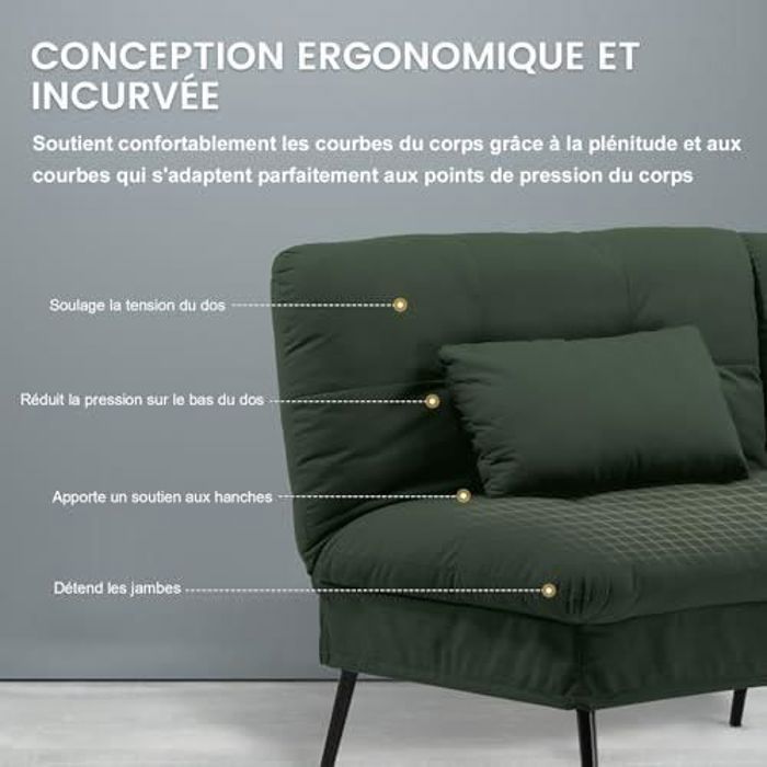 Sofá conversível de pelúcia, sofá de 3 lugares, estilo moderno, pés de metal, 174 x 51 x 72 cm, verde