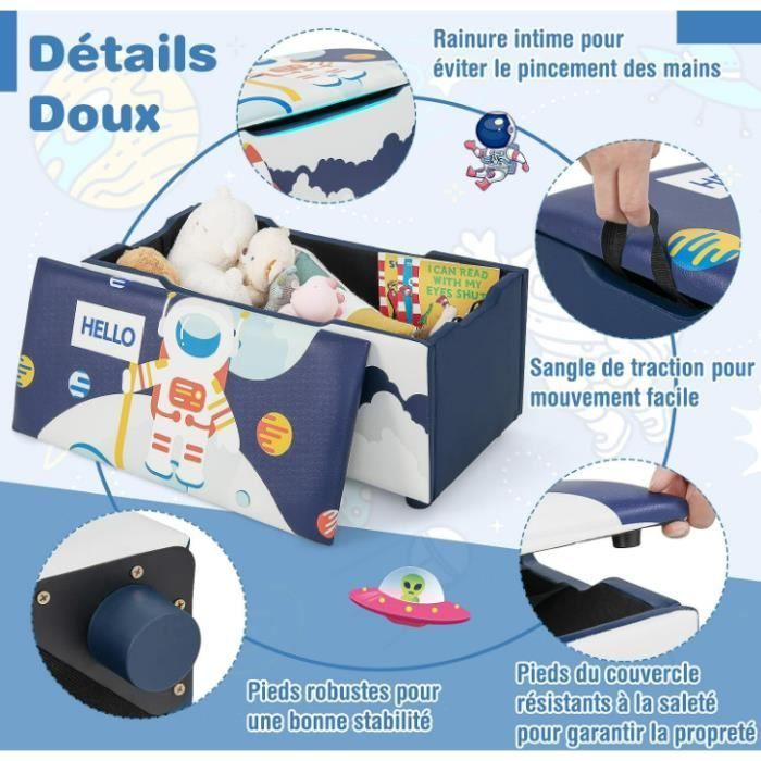 DREAMADE Cassapanca portagiochi 2 in 1 per bambini in MDF con coperchio rimovibile, piedini regolabili, 75x36x38 cm, blu e bianco