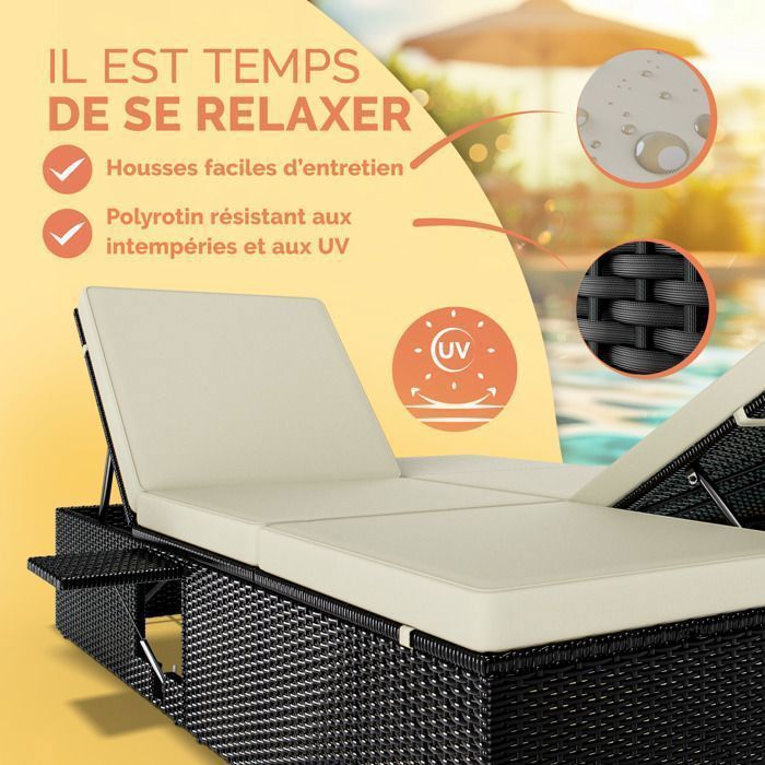 CASARIA Chaise longue double noir/crème extrémités réglables bain de soleil 2 personnes polyrotin chaise d’extérieur