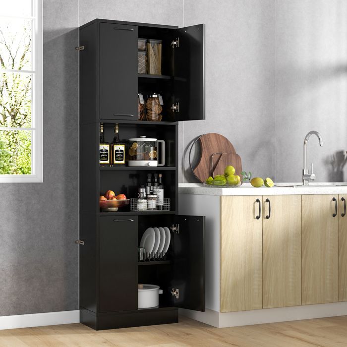 Aparador de cocina GIANTEX de 6 niveles, 190 cm de alto - 2 armarios con 4 puertas + 2 compartimentos - Mueble de almacenamiento para baño - Negro