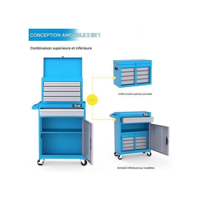 SERVANTE ATELIER 2 en 1 - ALIGHTUP - Tiroirs et compartiments de rangement multicouches, Verrouillable , avec poignée - Bleu