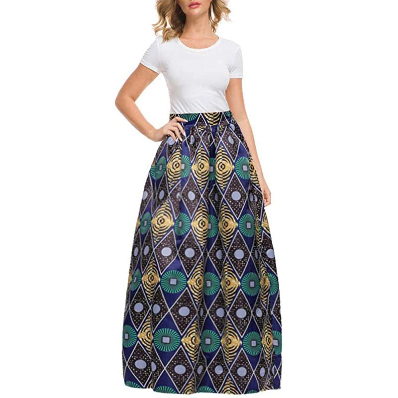 Gonna lunga da donna con stampa africana, modello svasato a trapezio