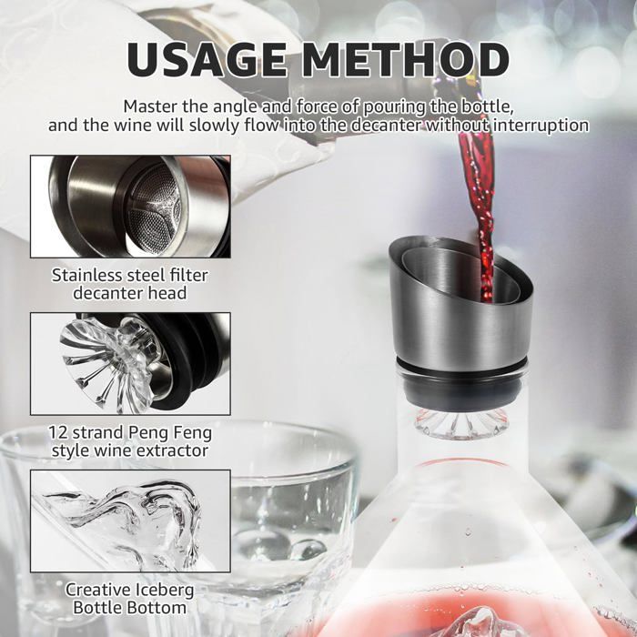 Carafe à vin rouge Iceberg avec aérateur, verre cristal, 1500 ml, acier inoxydable, bec verseur anti-gouttes(transparent)