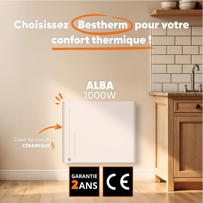 Fixed ceramic dry inertia electric radiator - BESTHERM - ALBA 1000W - horizontal white