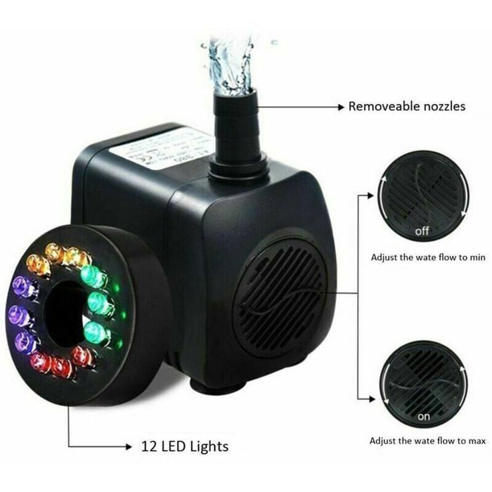 Bomba para fuente de 15 W - Caudal de 800 l/h - Iluminación LED de 12 colores - Para estanques y jardines - Plástico/resina