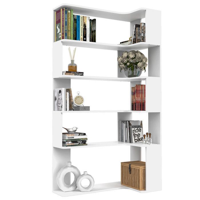 5-laags boekenplank - VIVOLILV - L-vormige hoekplank in wit hout - Opbergmeubel - 90 x 48 x 169 cm