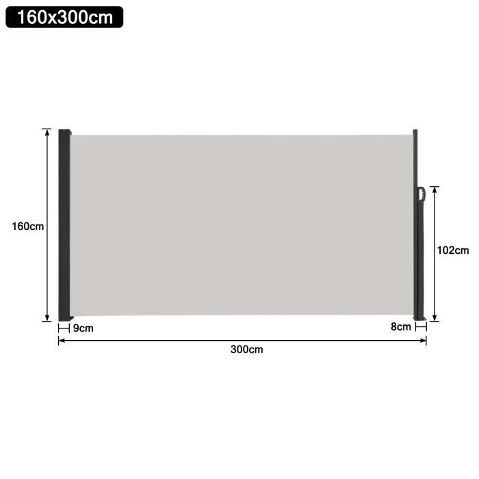 LILIIN Store Latéral Brise Vue Rétractable Polyester Post en Aluminium pour Jardin Terrasse, 160x300cm, Gris clair