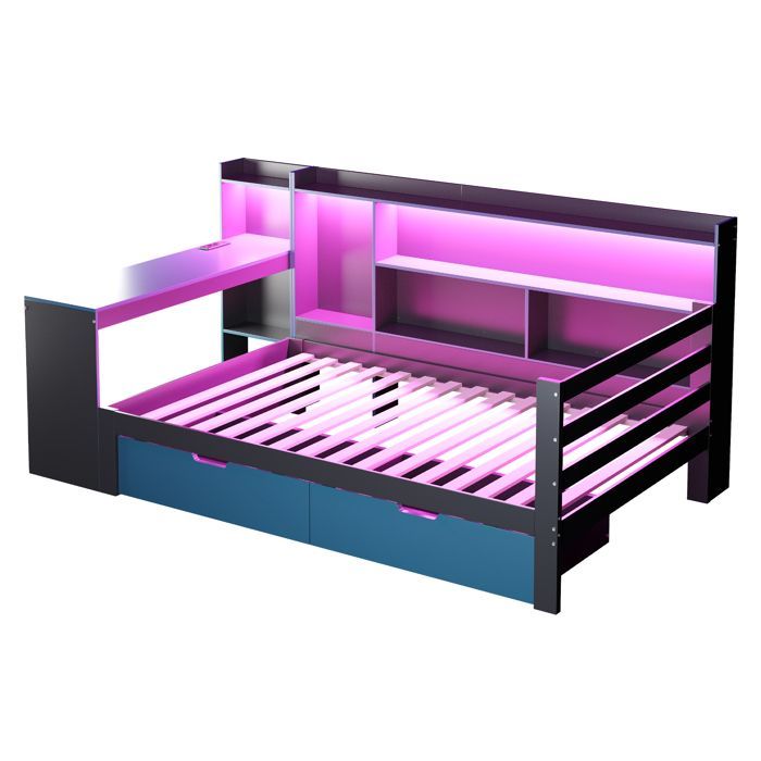 Cama individual de 90x200 cm con LED - 2 cajones y compartimentos de almacenamiento - toma de corriente - negro+azul