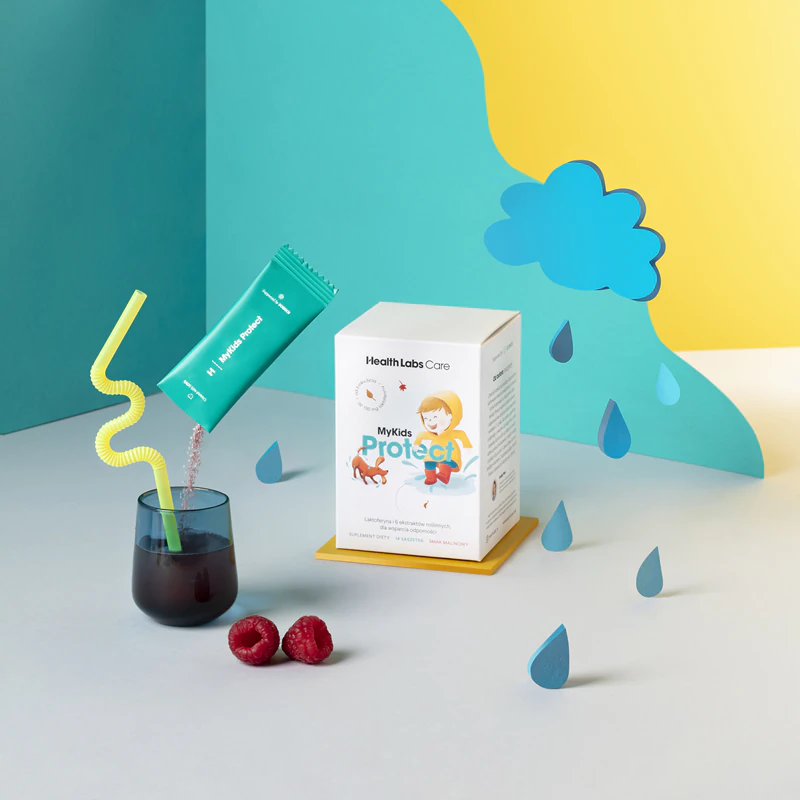Health Labs Care MyKids Protect, suplemento alimentar em pó para solução oral, para auxiliar o sistema imunológico.