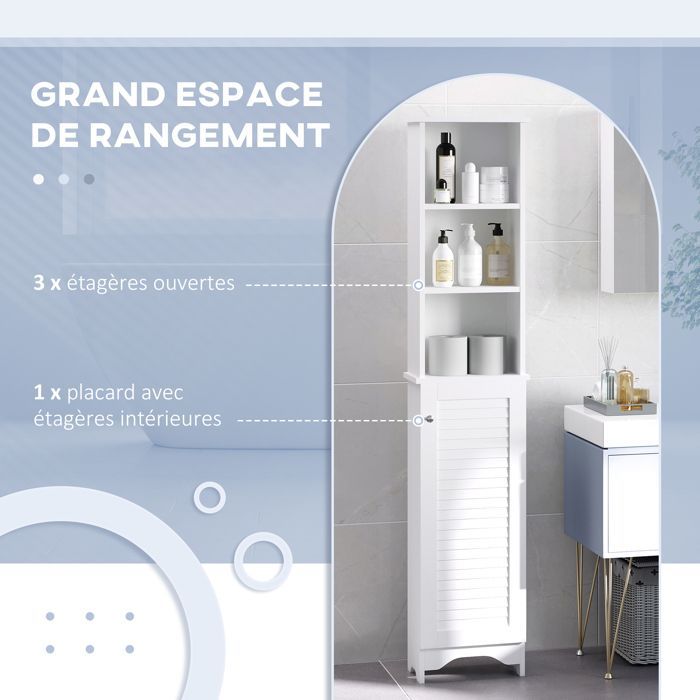 Meuble colonne - HOMCOM - salle de bain 3 niches placard porte persienne 3 étagères rangement - MDF - 30x30x144cm - blanc