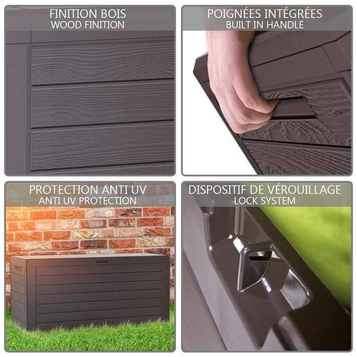 VOUNOT® Coffre de Jardin avec Poignées 280L - Malle de Rangement Extérieur en PP - 116x44x55cm - Style Bois Marron