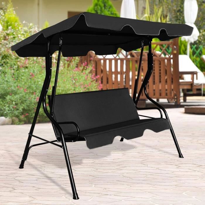 Columpio de jardín GOPLUS de 3 plazas, 170x110x153 cm, con toldo ajustable, tejido de poliéster/estructura de acero, negro.