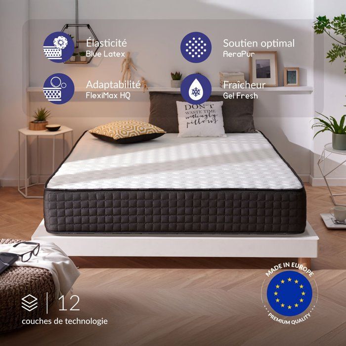 Colchón Titanium 160x200 cm - Extra grueso 30 cm - Espuma viscoelástica de alta resiliencia, látex azul, hipoalergénico - Lado verano/invierno