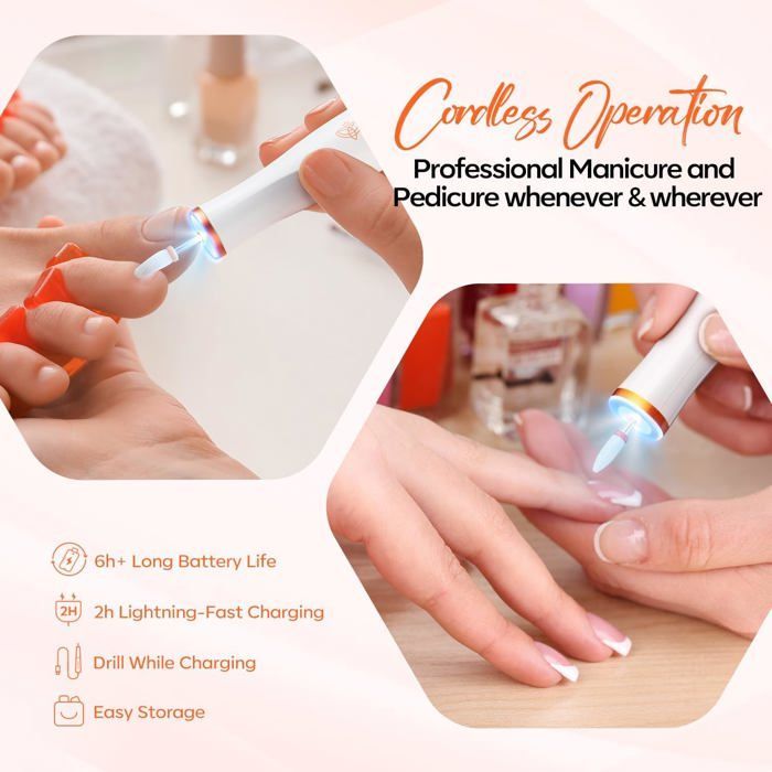Ponceuse Pour Ongles, 13 En 1 Manucure Electrique Ongles 22000 Rpm, Usb Rechargeable Nail Drill Avec Tip Light, Vitesse Et Directi